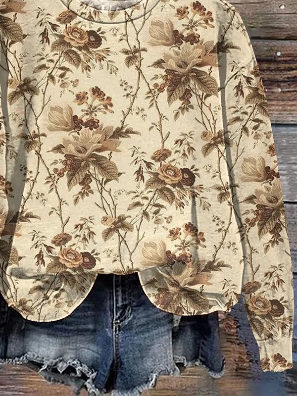 Casual Crew Neck Floral Sweatshirt Printing