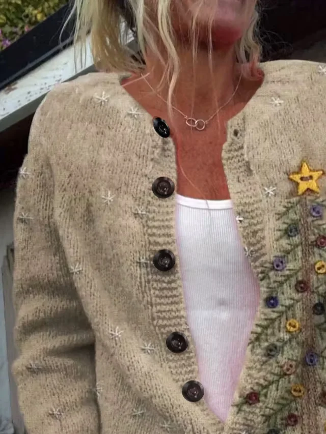 Women Christmas Long Sleeve Comfy Vintage Printing Cardigan