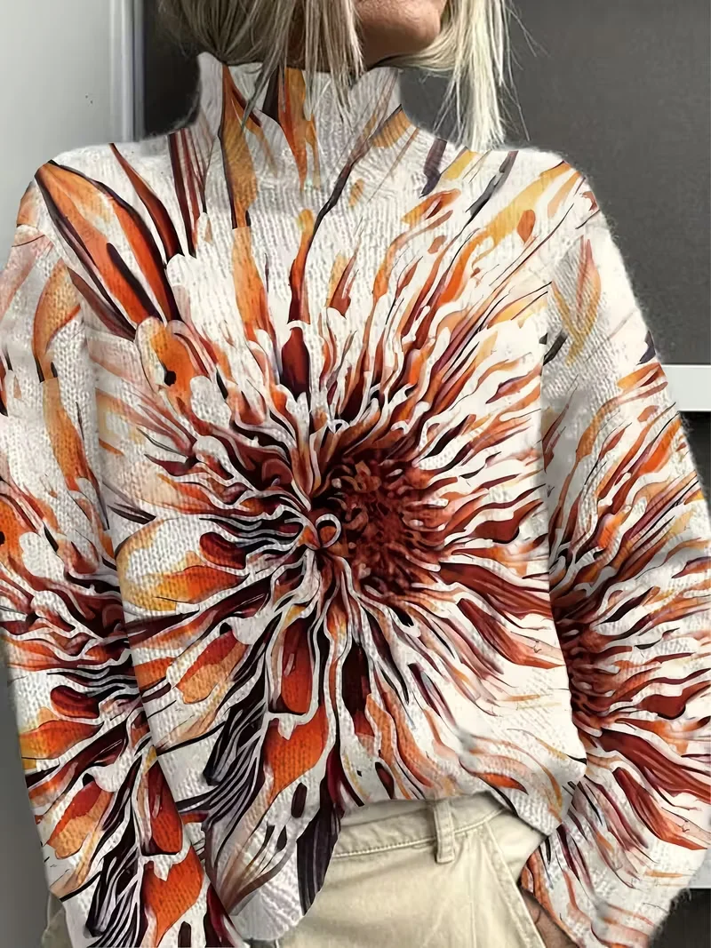 Women Abstract Long Sleeve Comfy Vintage Printing Sweater