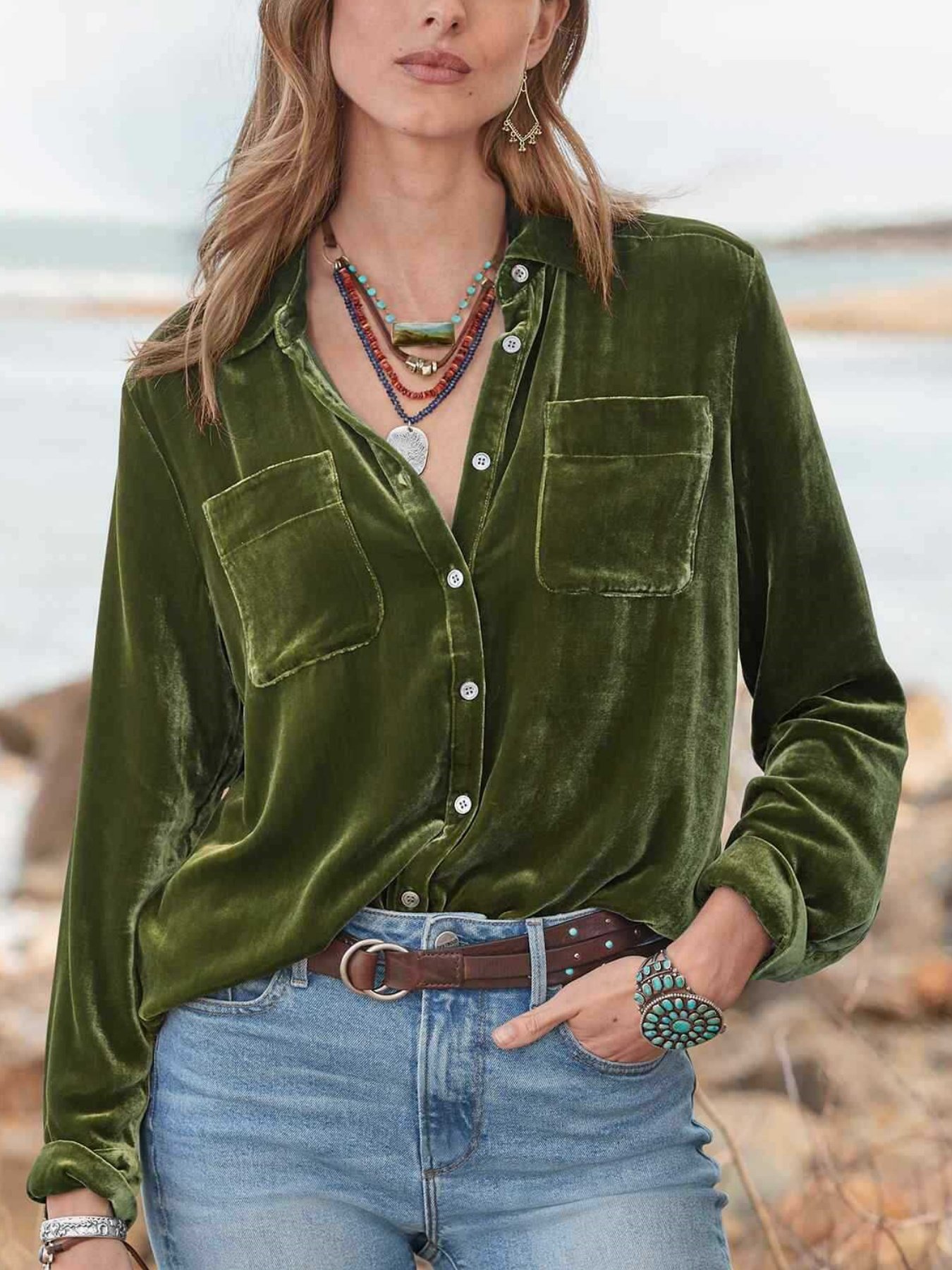 Shawl Collar Half Sleeve Plain Split Joint Regular Micro-Elasticity Loose Western Shirt Shirt For Women