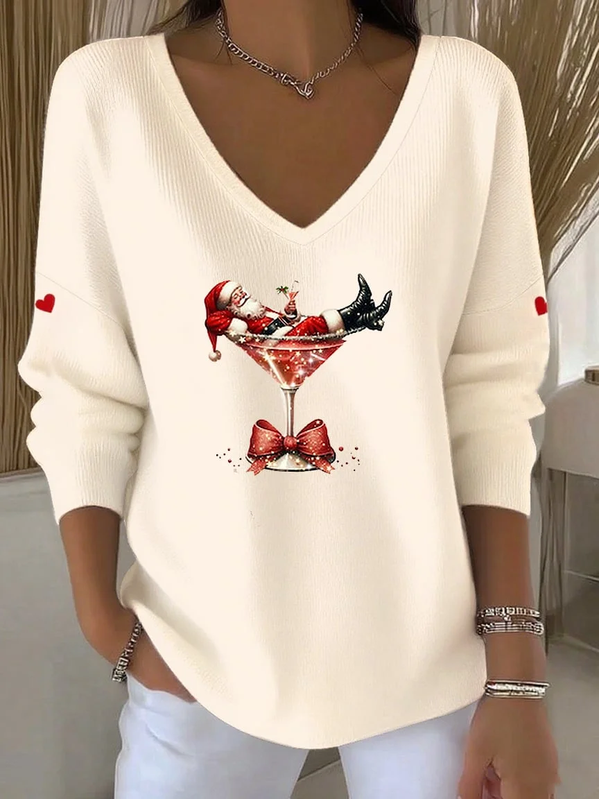 Casual Santa Claus V Neck Long Sleeve T-shirt