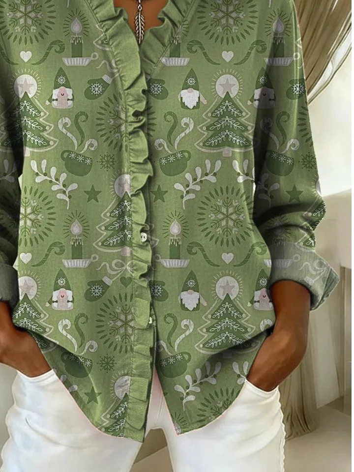 Lace Collar Long Sleeve Santa Claus Regular Loose Shirt For Women