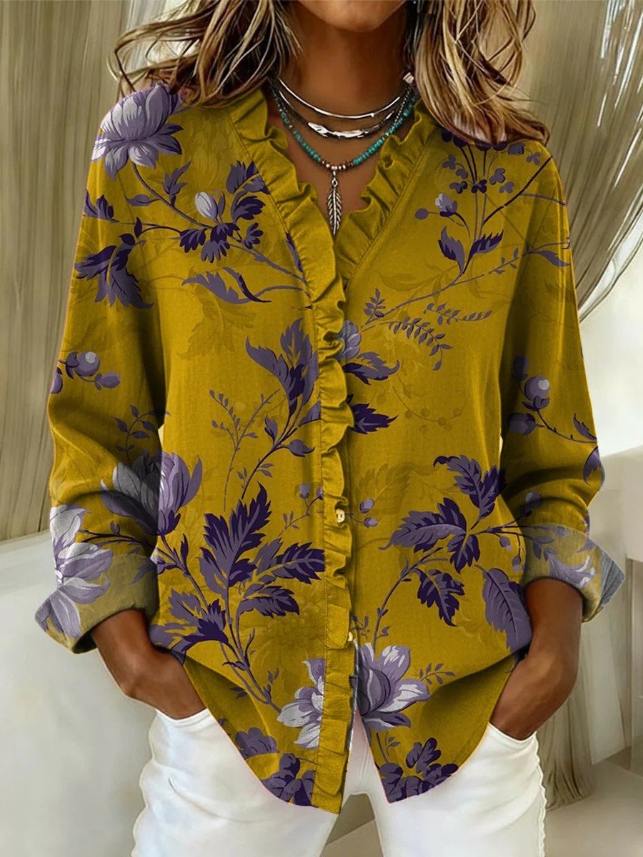 Lace Collar Long Sleeve Floral Regular Loose Shirt For Women