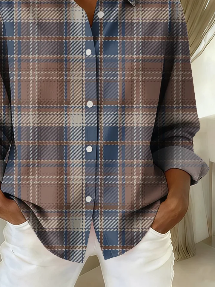 Shirt Collar Regular Sleeve Long Sleeve Plaid Buckle Regular Loose Button Up Shirt Shirt For Women