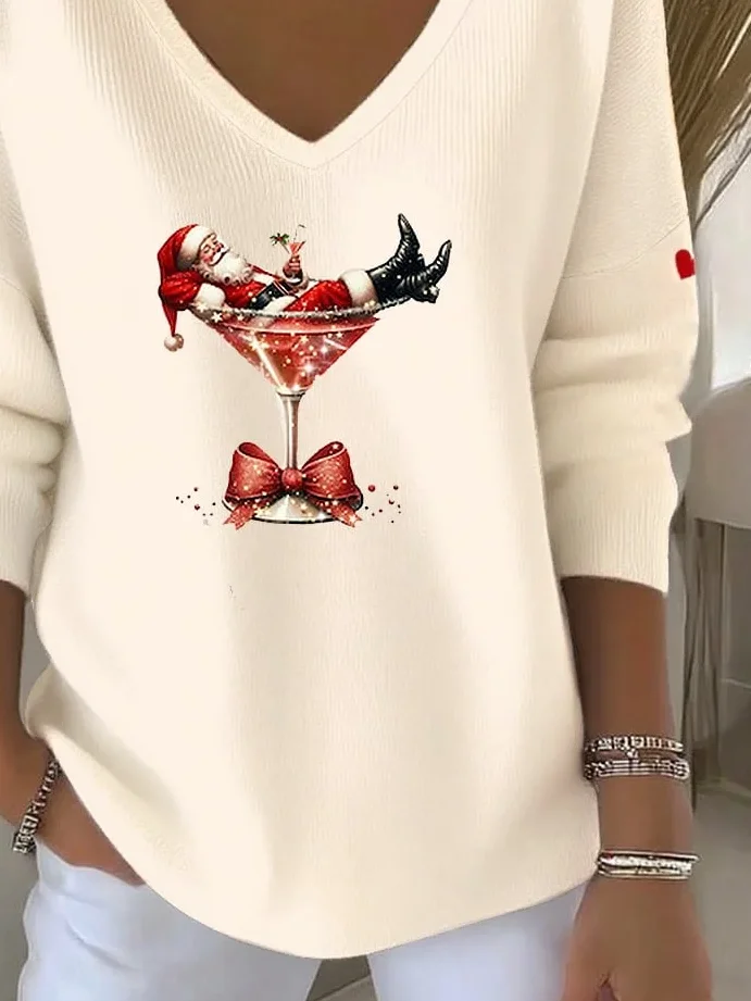 Casual Santa Claus V Neck Long Sleeve T-shirt
