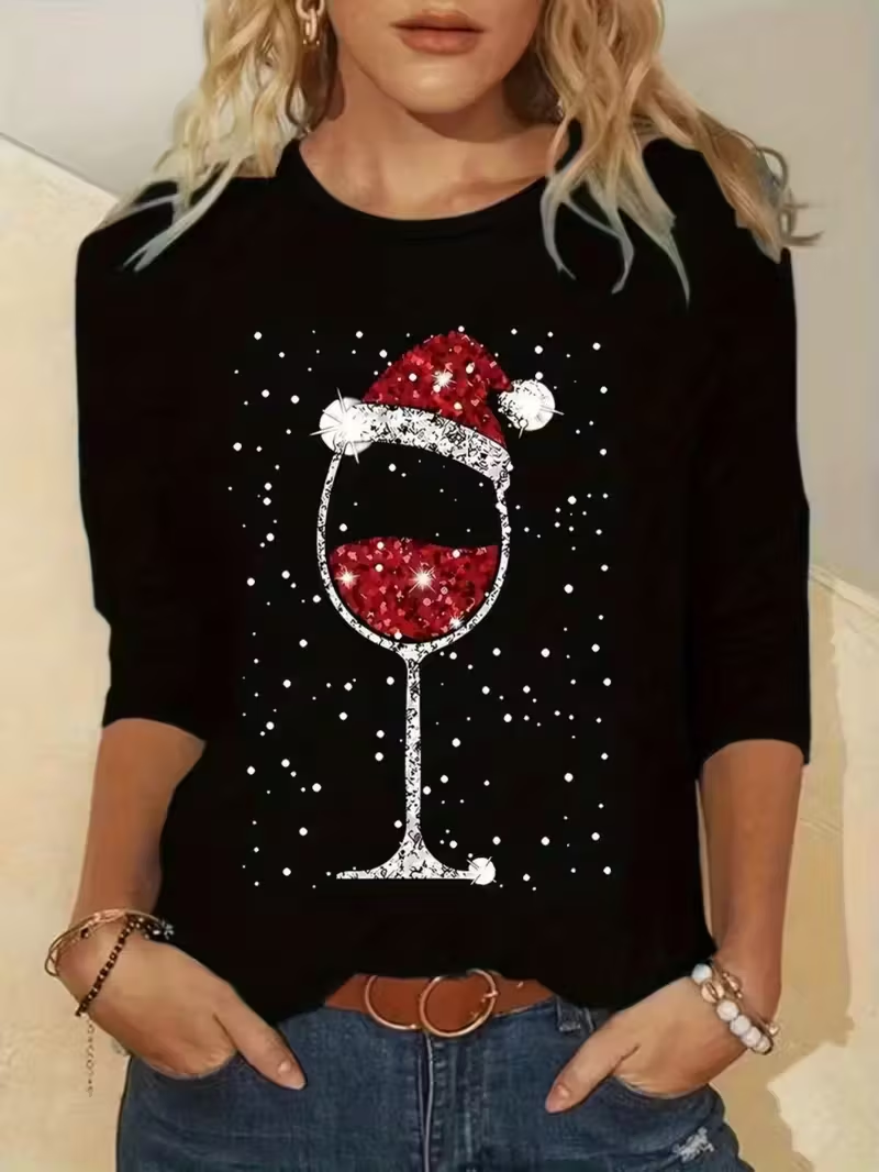 Casual Christmas Crew Neck Long Sleeve T-shirt