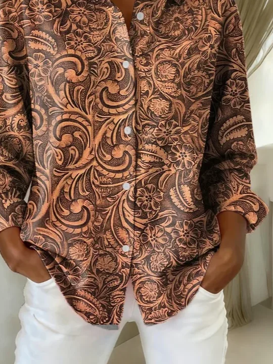 Shirt Collar Regular Sleeve Long Sleeve Floral Buckle Regular Loose Button Up Shirt Shirt For Women