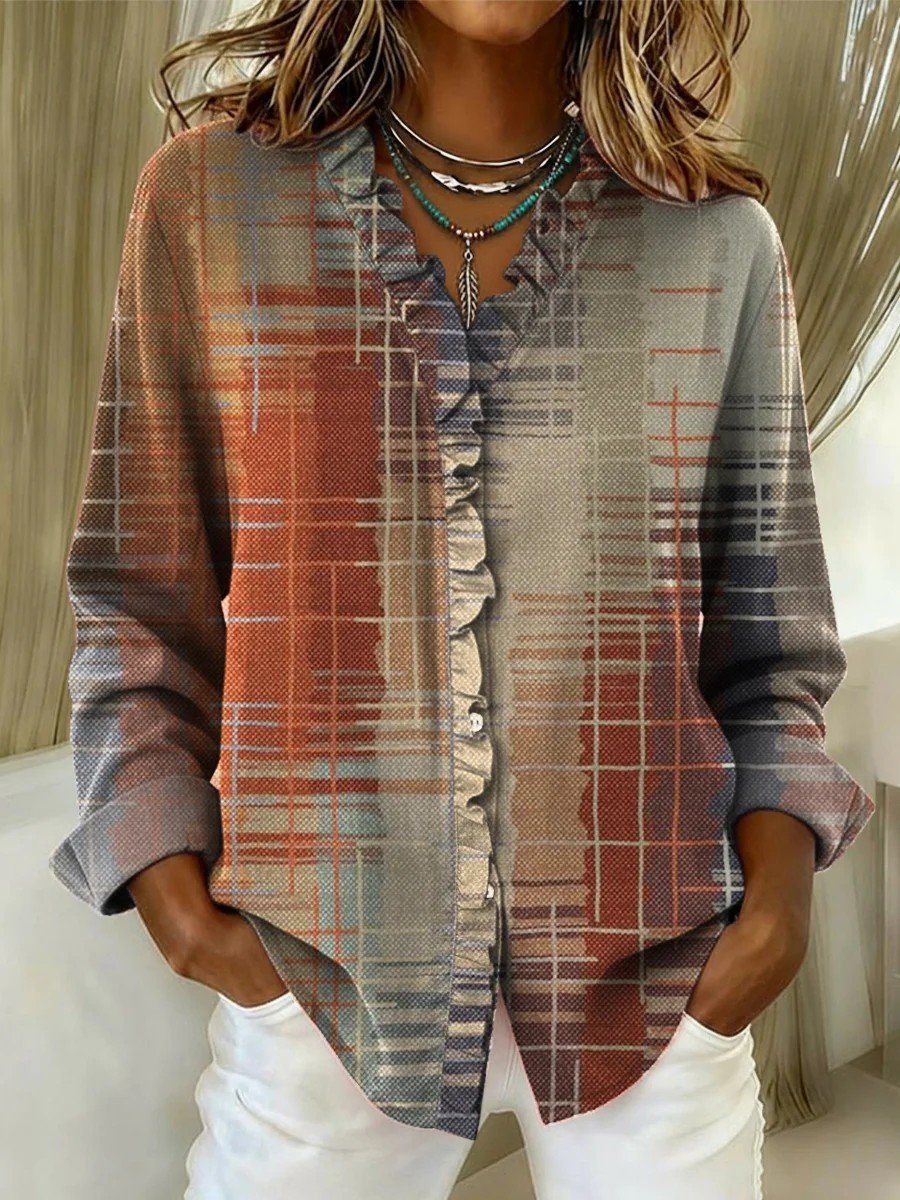 Lace Collar Long Sleeve Geometric Regular Loose Shirt For Women