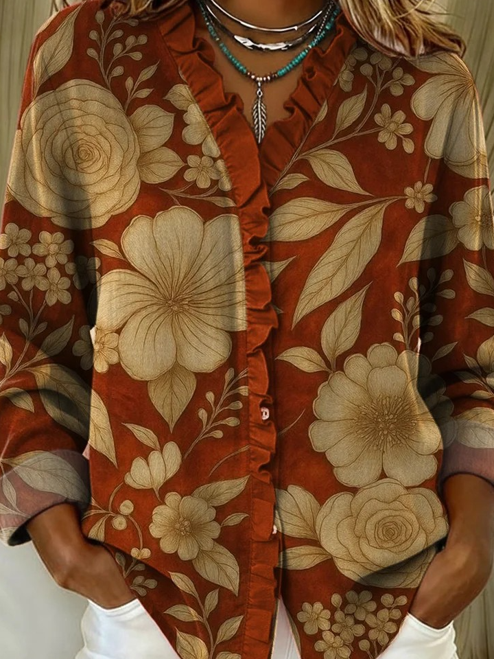 Lace Collar Long Sleeve Floral Regular Loose Shirt For Women