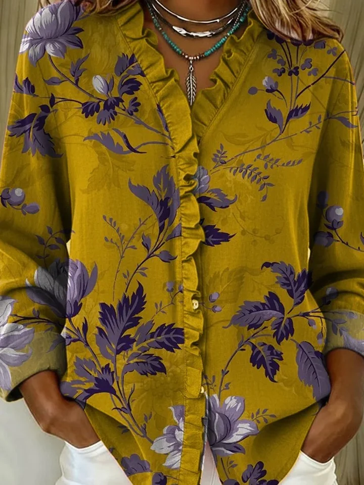 Lace Collar Long Sleeve Floral Regular Loose Shirt For Women