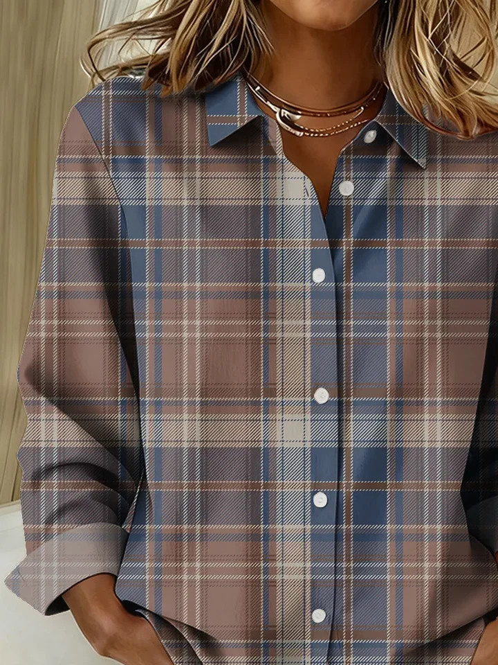 Shirt Collar Regular Sleeve Long Sleeve Plaid Buckle Regular Loose Button Up Shirt Shirt For Women