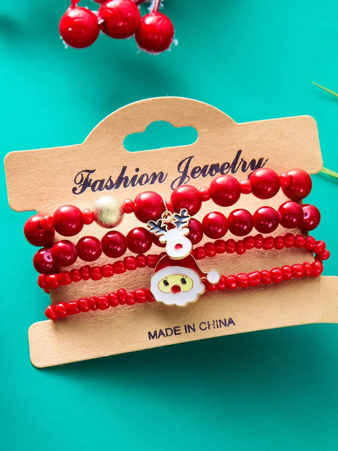 New Christmas Rice Bead Bracelet Four-pack Women's Stacking Santa Claus Snowflake Bell Elk Holiday Party Bracelet