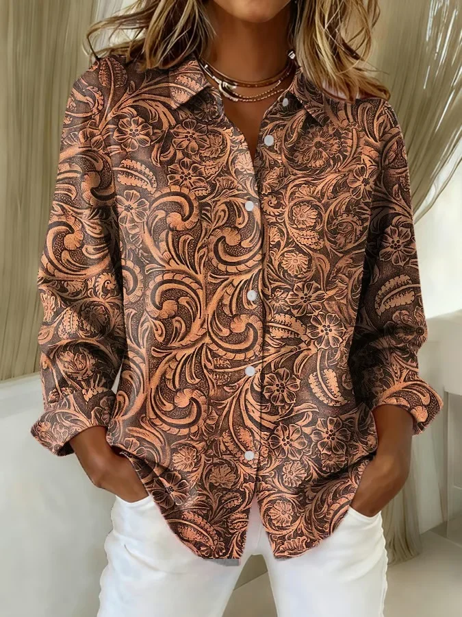 Shirt Collar Regular Sleeve Long Sleeve Floral Buckle Regular Loose Button Up Shirt Shirt For Women