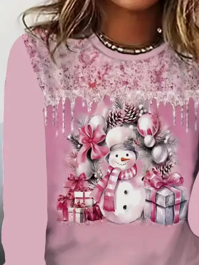 Casual Christmas Snowman Crew Neck Long Sleeve T-shirt