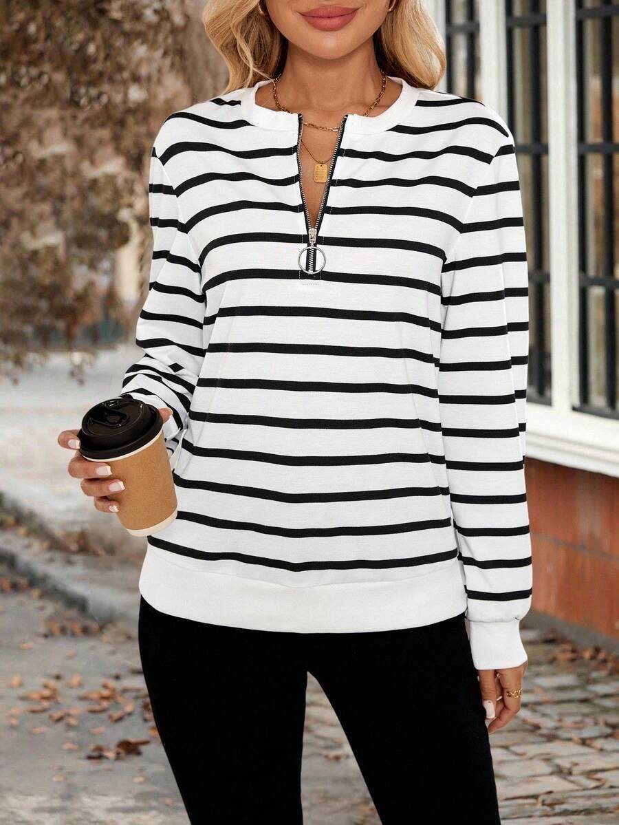 Casual Stand Collar Striped Sweatshirt