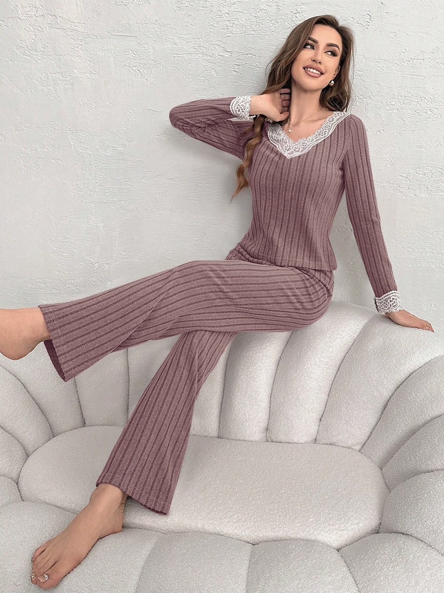 Women Plain Two-Piece Set Daily Long Sleeve Casual Spring/Fall Top With Pants Matching Set