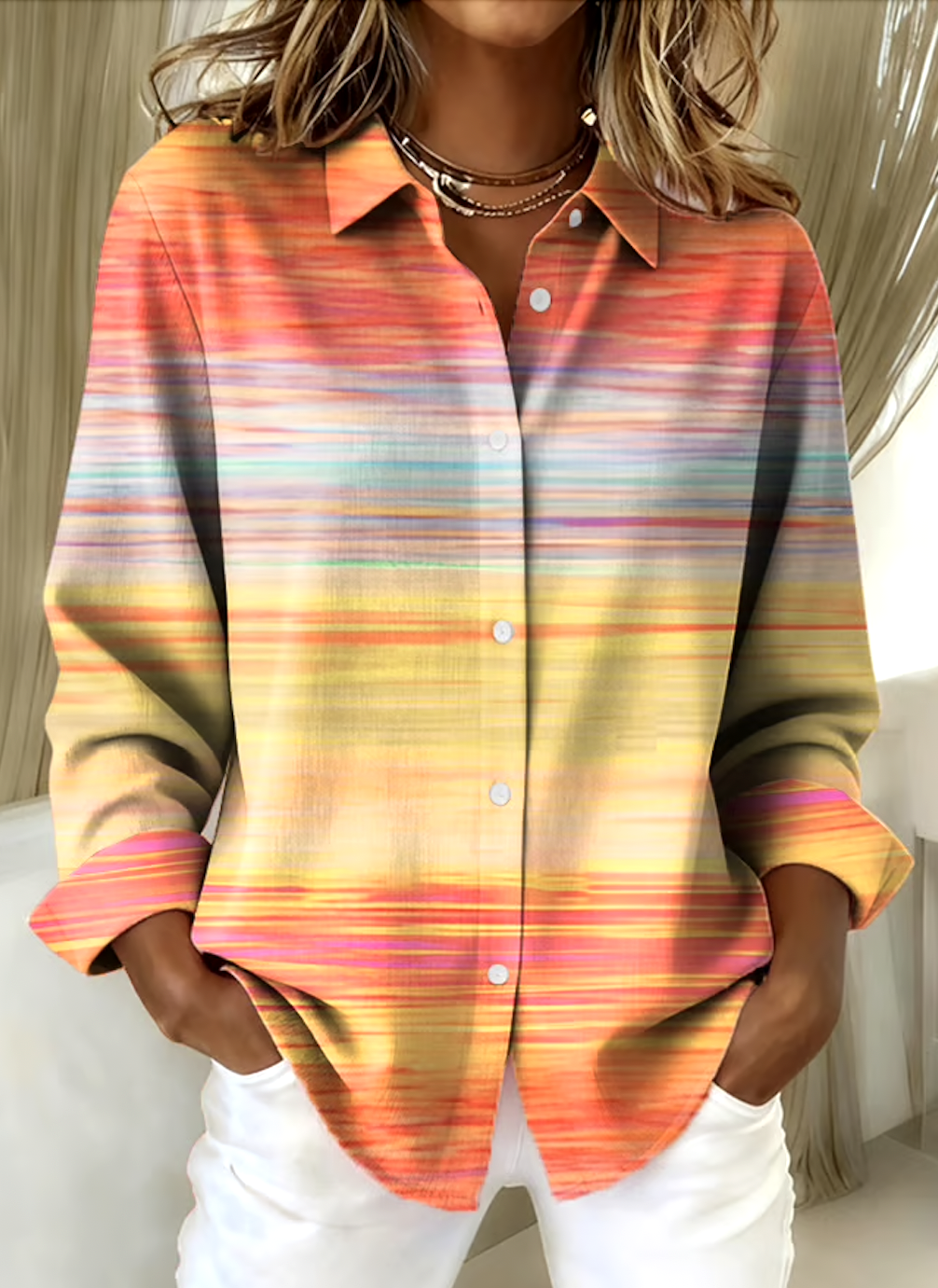 V Neck Long Sleeve Ombre Regular Micro-Elasticity Regular Fit Shirt For Women