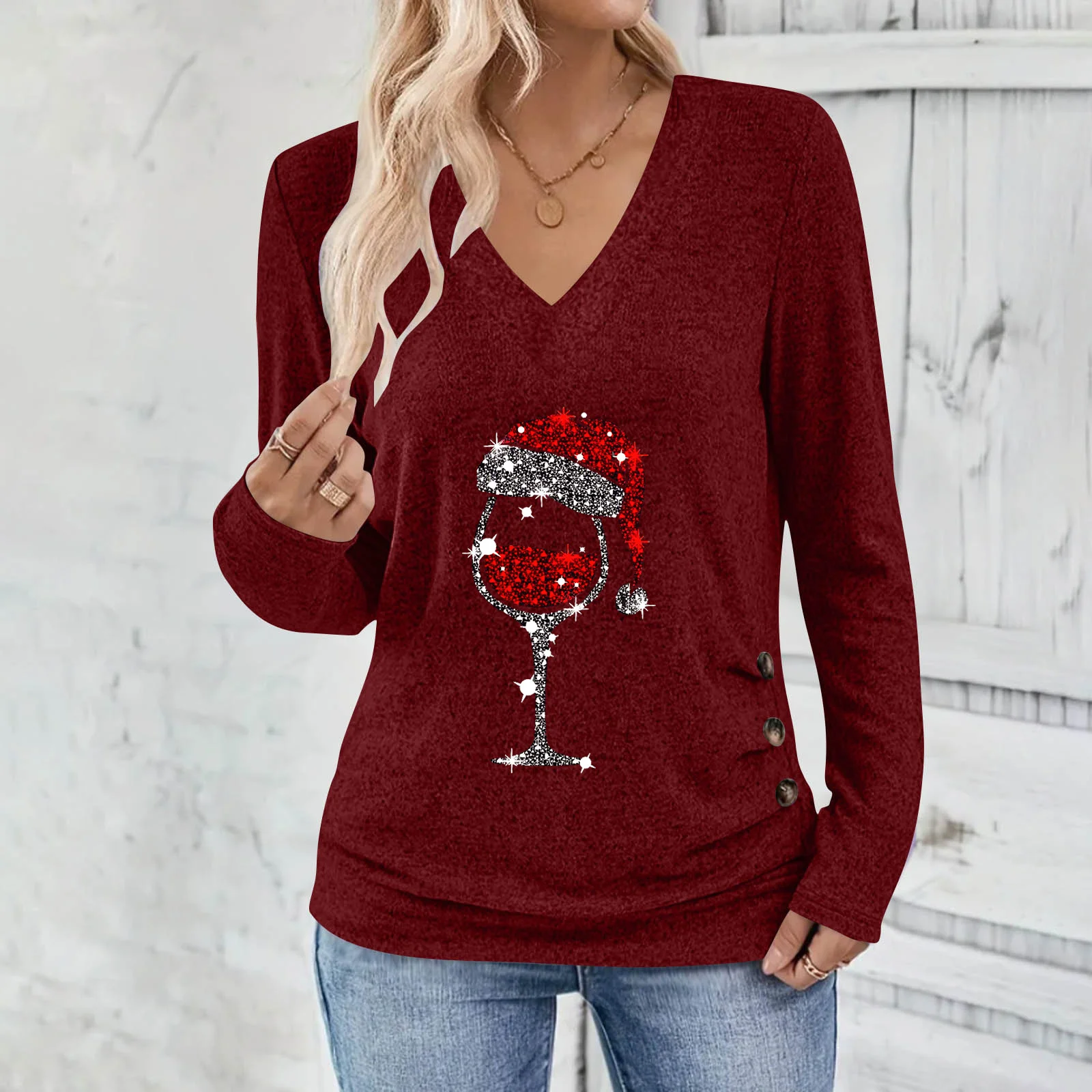 Casual Plain V Neck Long Sleeve T-shirt