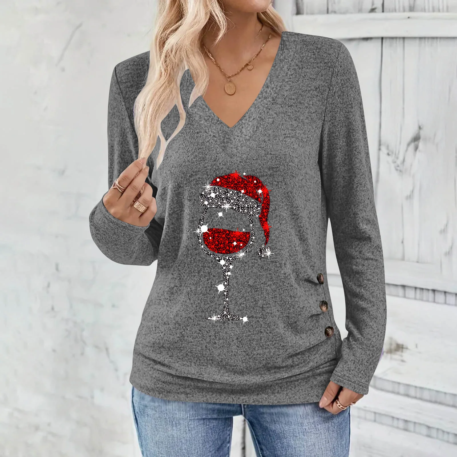 Casual Plain V Neck Long Sleeve T-shirt