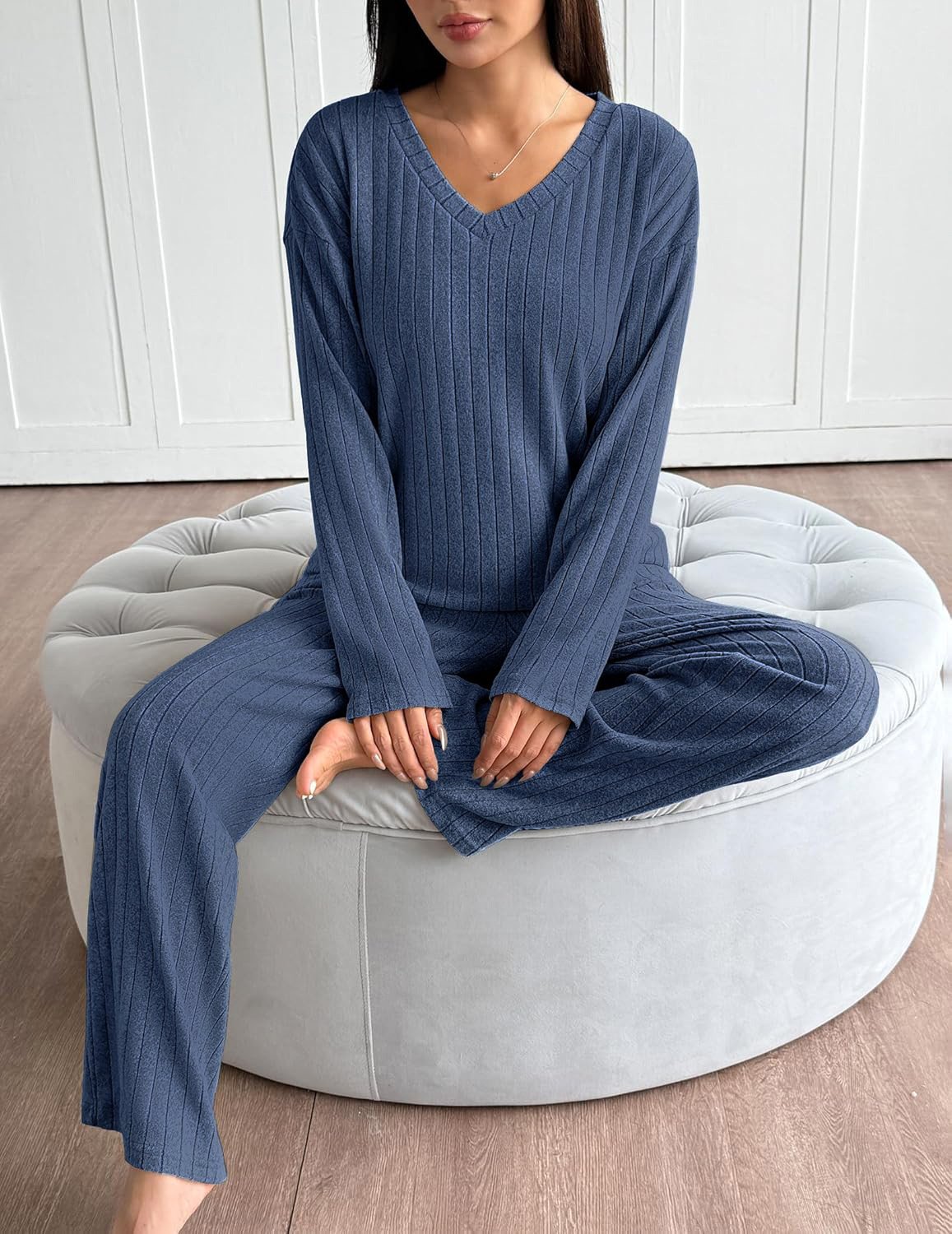 Women Plain Two-Piece Set Daily Long Sleeve Casual Spring/Fall Top With Pants Matching Set