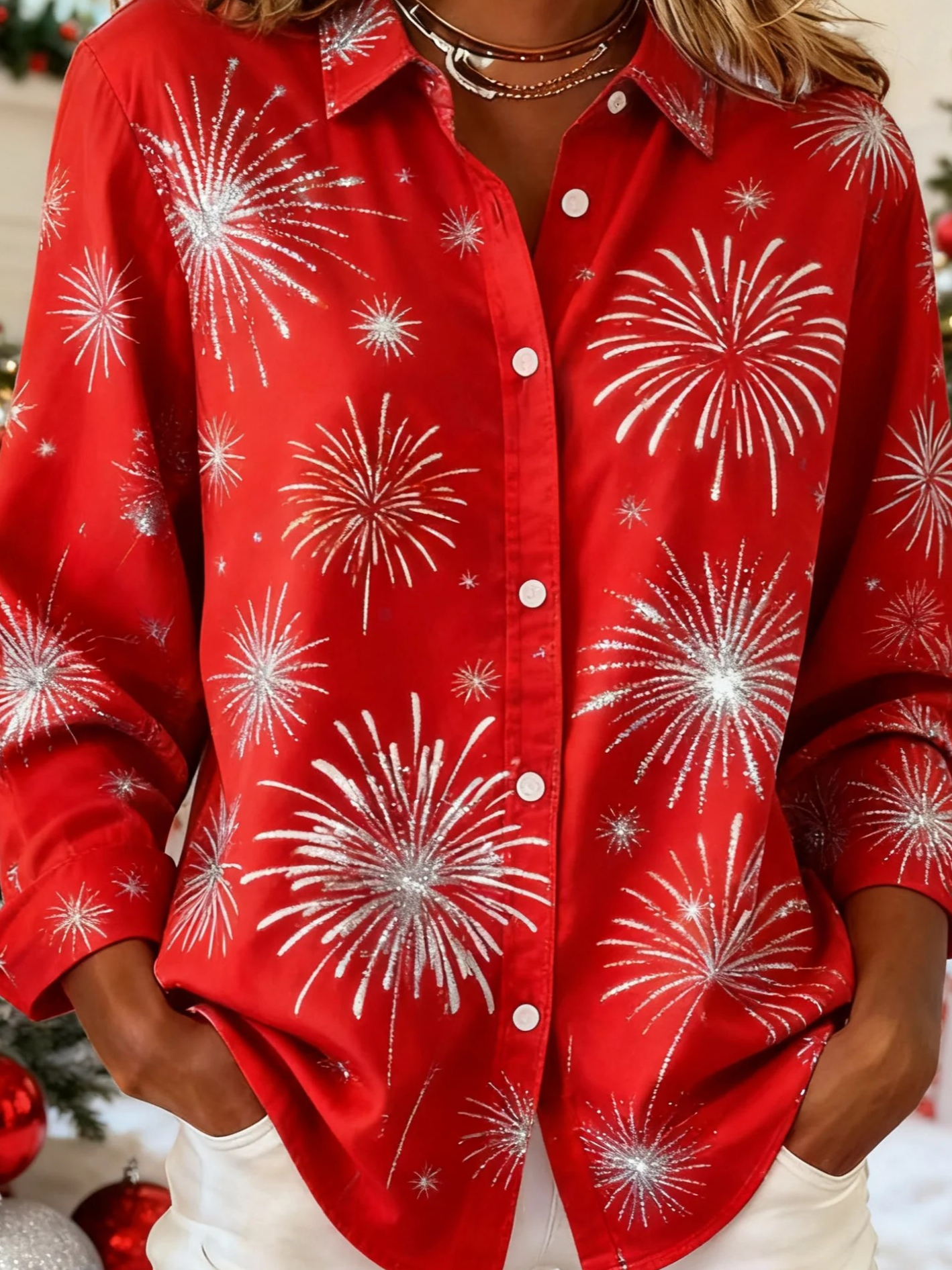 Shawl Collar Long Sleeve Christmas Regular Loose Shirt For Women