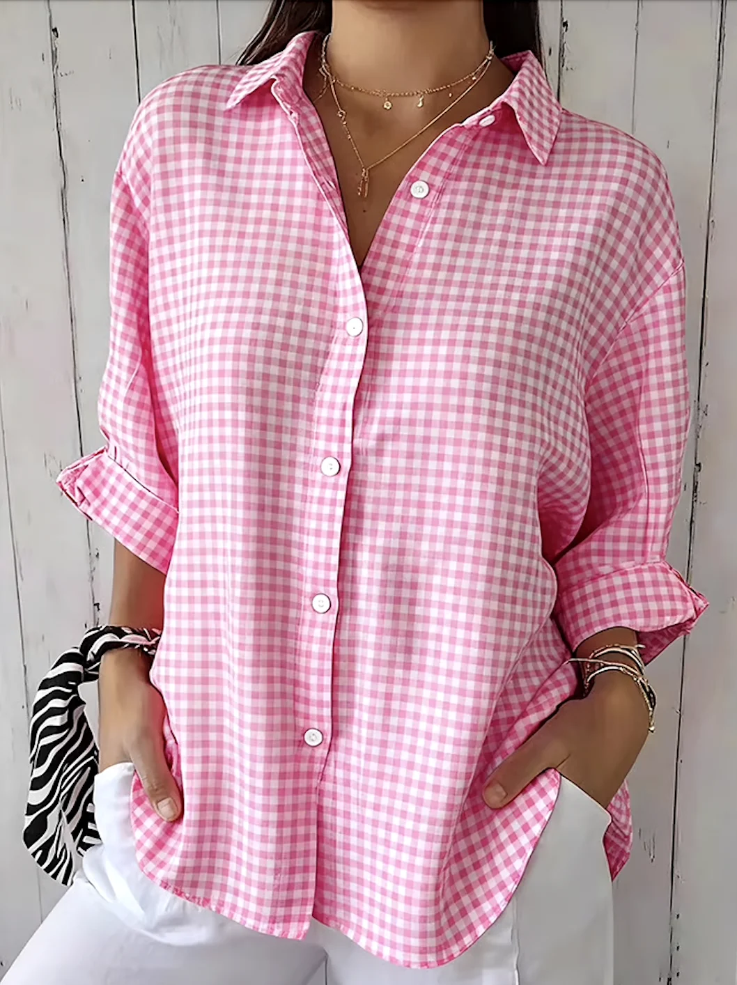 V Neck Long Sleeve Geometric Regular Micro-Elasticity Regular Fit Shirt For Women