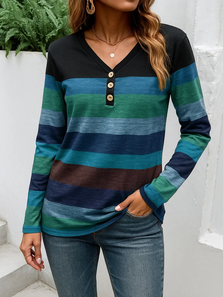 Casual Striped V Neck Long Sleeve T-shirt