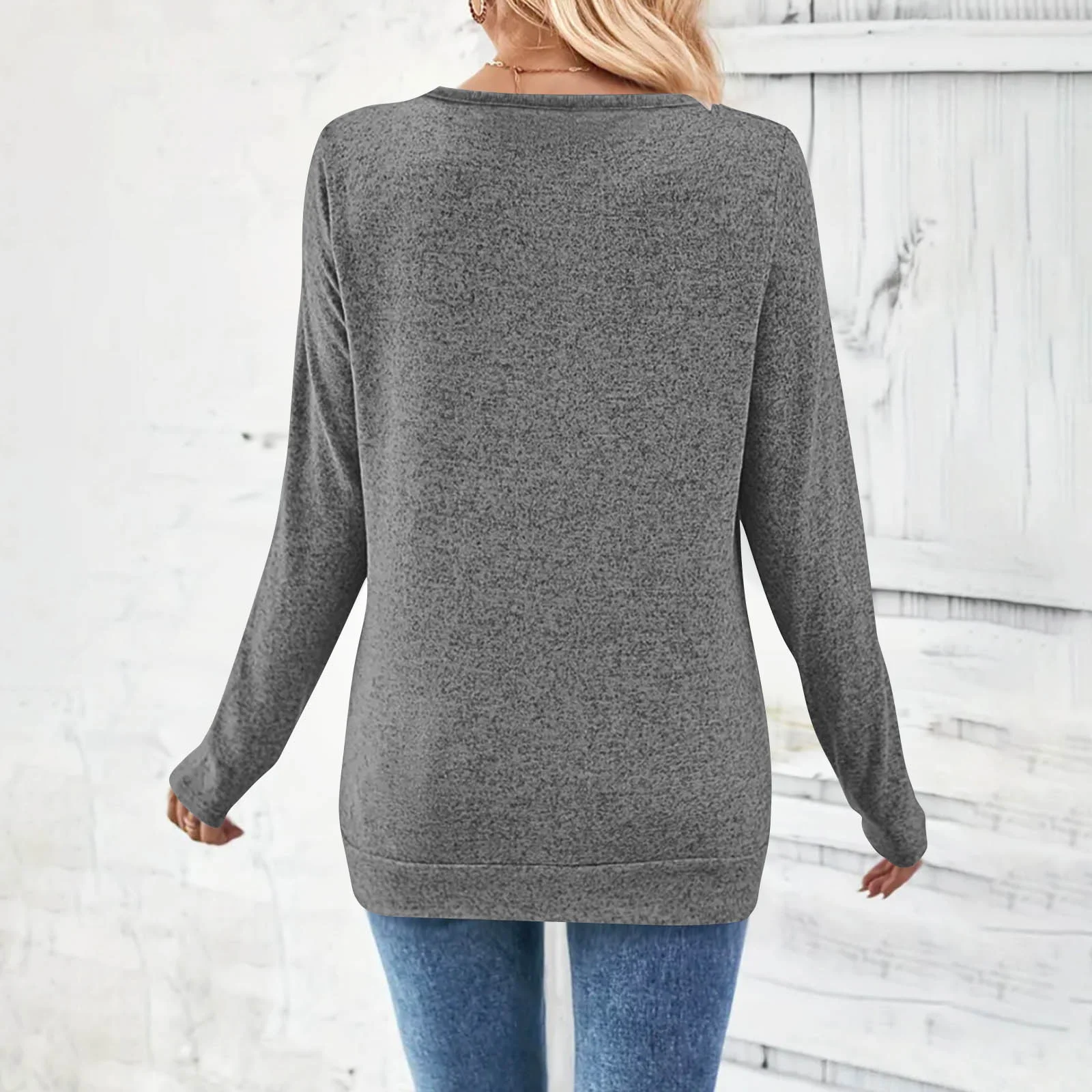 Casual Plain V Neck Long Sleeve T-shirt