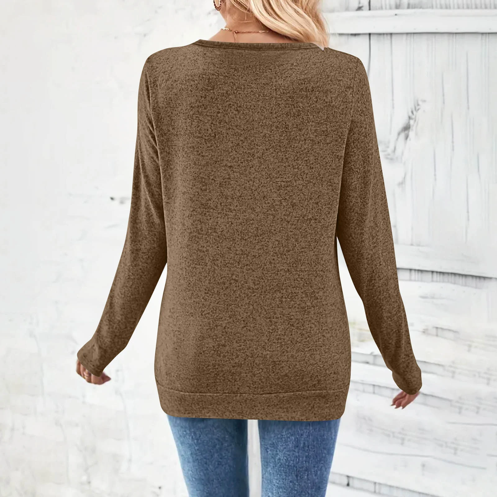 Casual Plain V Neck Long Sleeve T-shirt