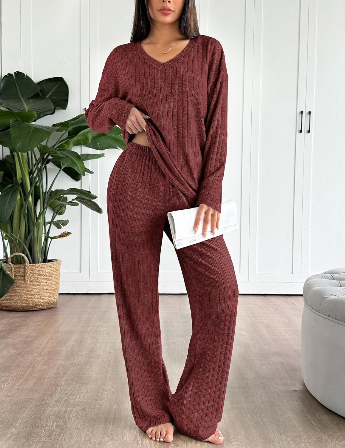 Women Plain Two-Piece Set Daily Long Sleeve Casual Spring/Fall Top With Pants Matching Set