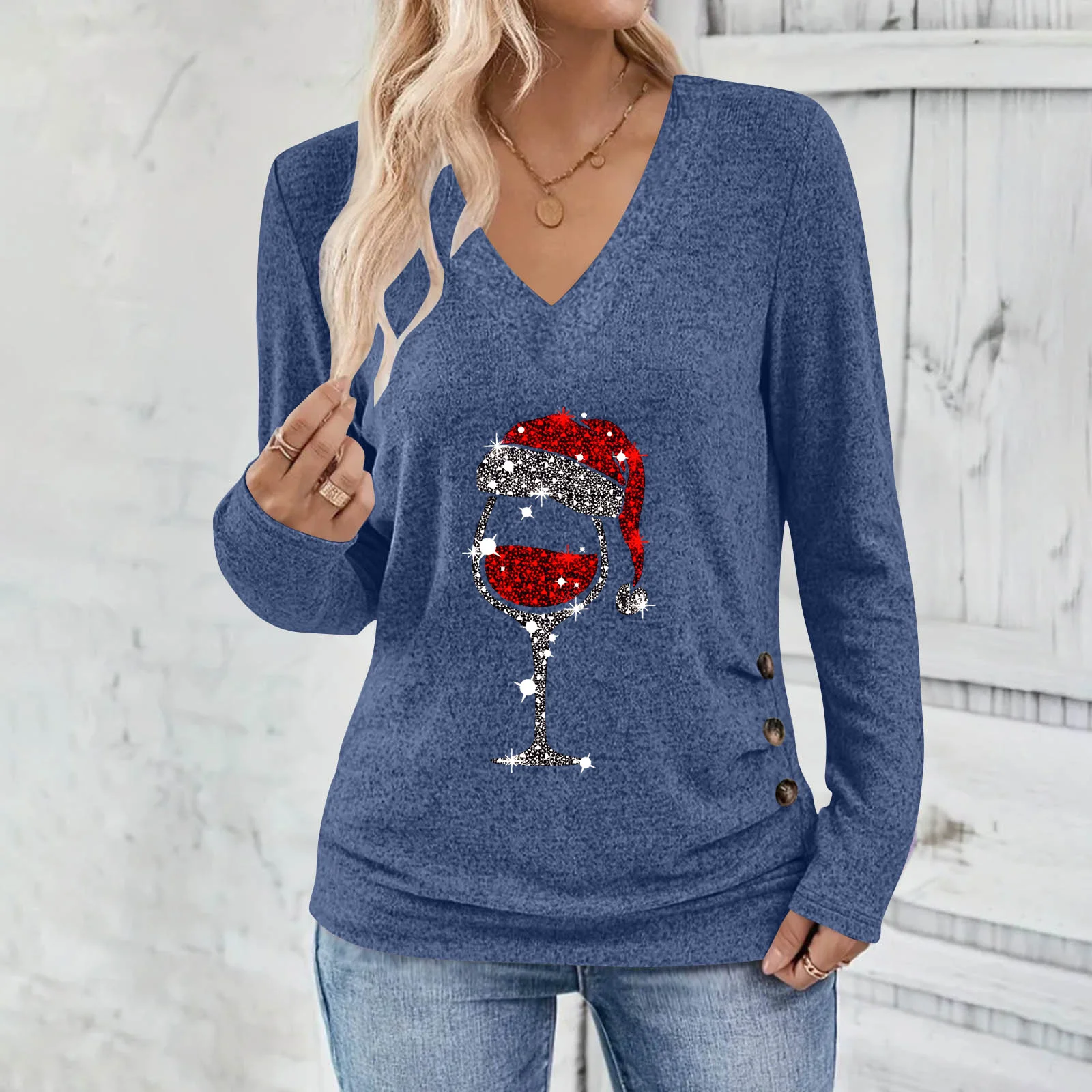 Casual Plain V Neck Long Sleeve T-shirt