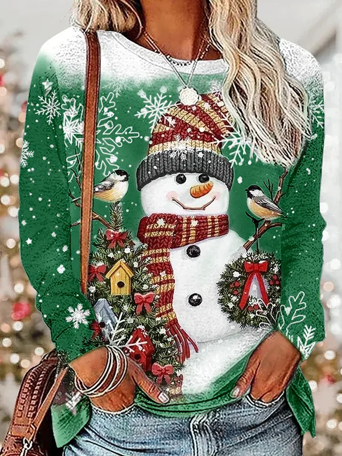 Casual Christmas Snowman Crew Neck Long Sleeve T-shirt