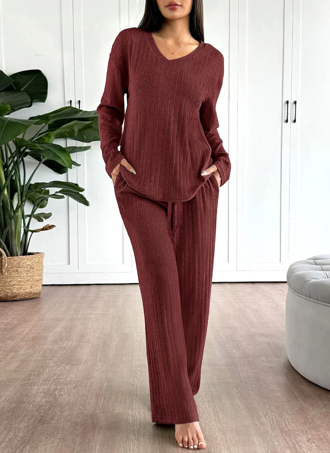 Women Plain Two-Piece Set Daily Long Sleeve Casual Spring/Fall Top With Pants Matching Set