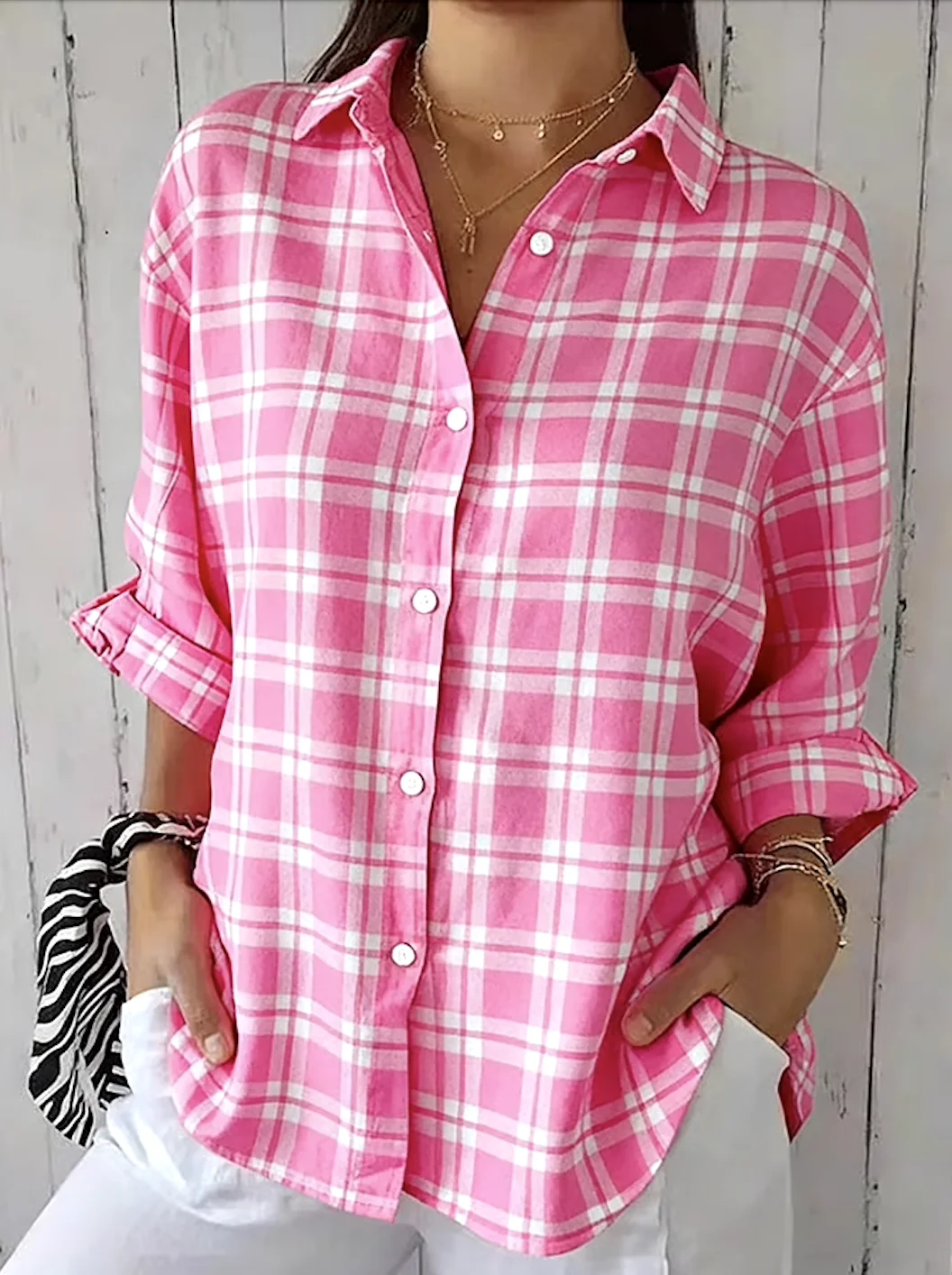 V Neck Long Sleeve Geometric Regular Micro-Elasticity Regular Fit Shirt For Women