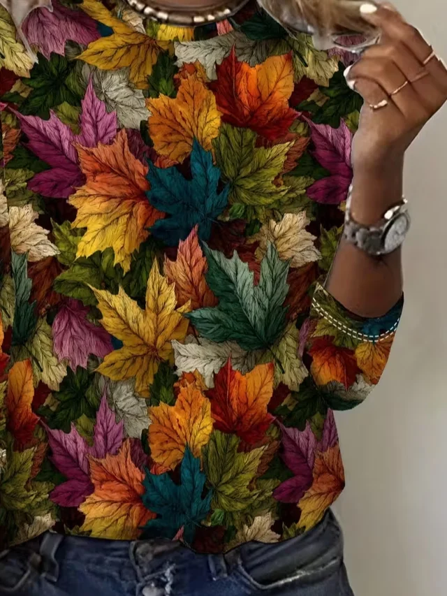 Casual Maple Leaf Crew Neck Long Sleeve T-shirt