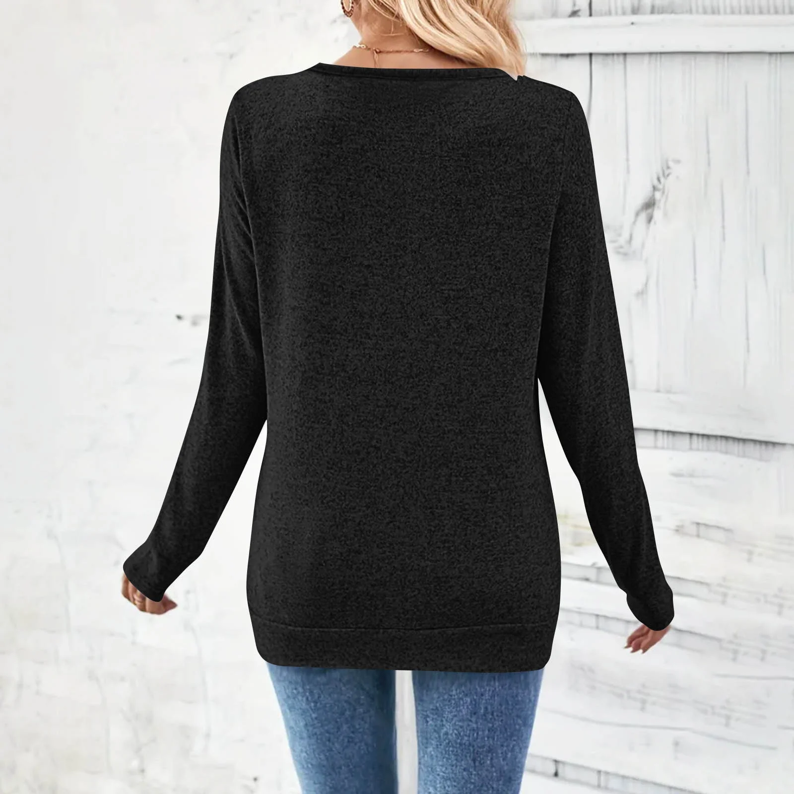 Casual Plain V Neck Long Sleeve T-shirt