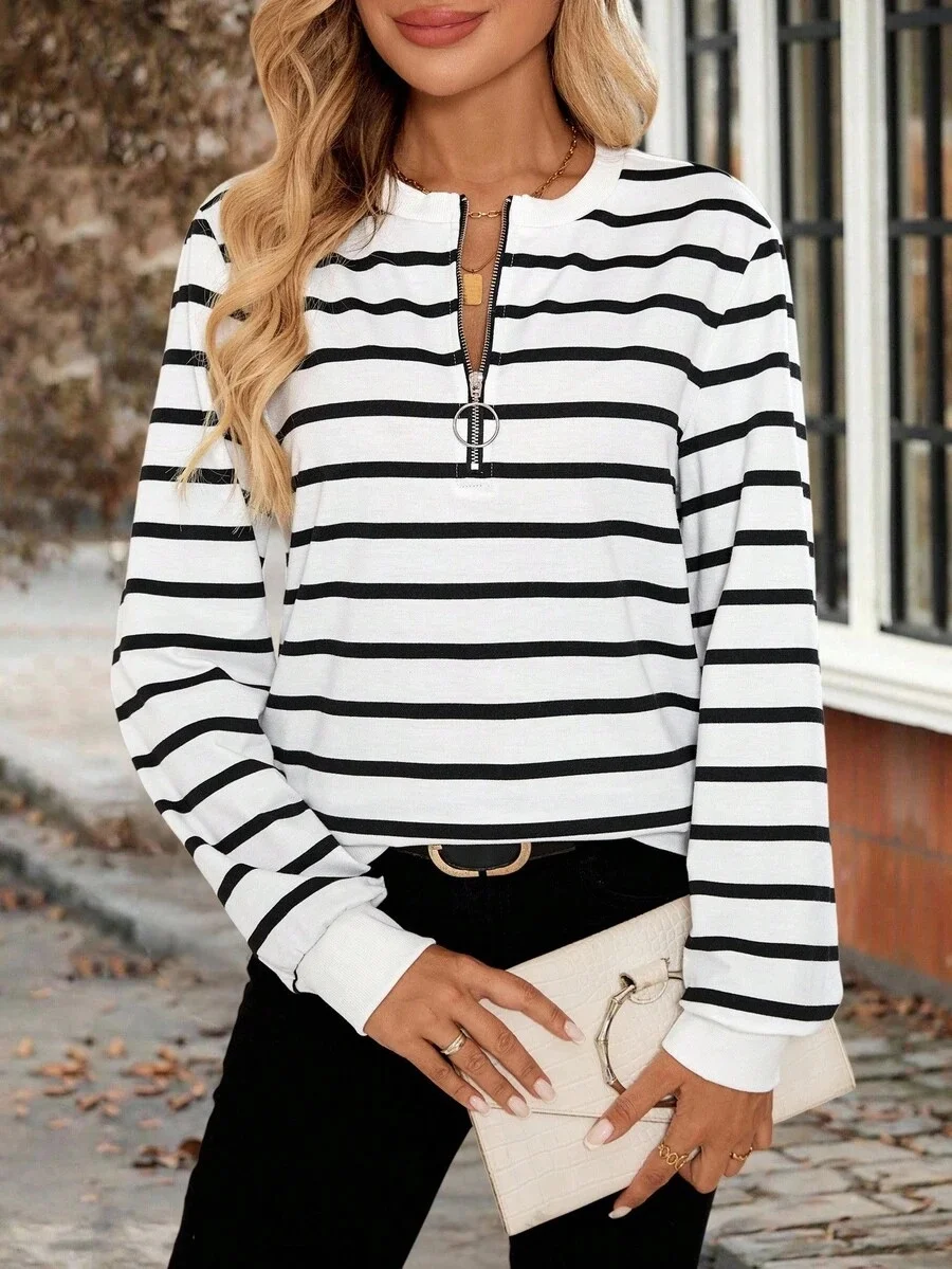 Casual Stand Collar Striped Sweatshirt