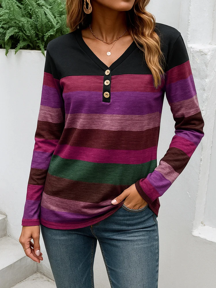 Casual Striped V Neck Long Sleeve T-shirt