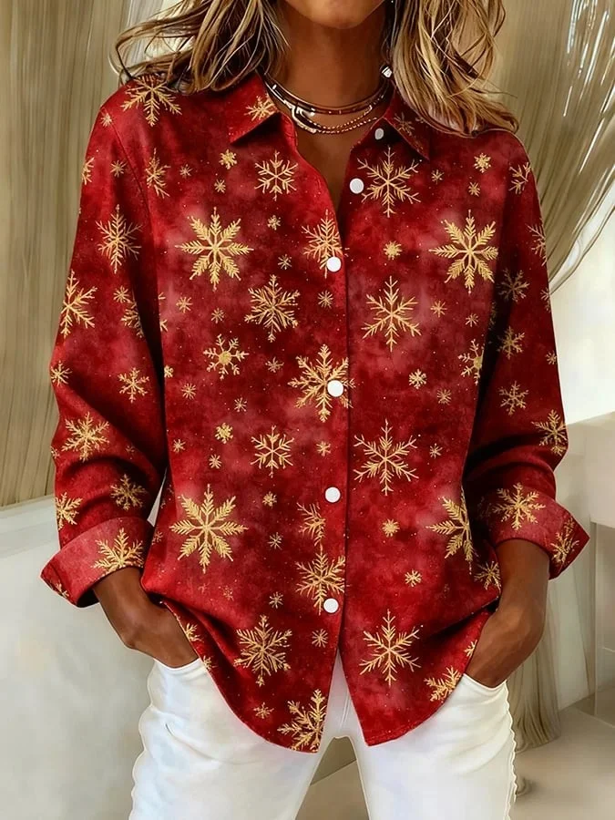Shawl Collar Long Sleeve Christmas Regular Loose Shirt For Women