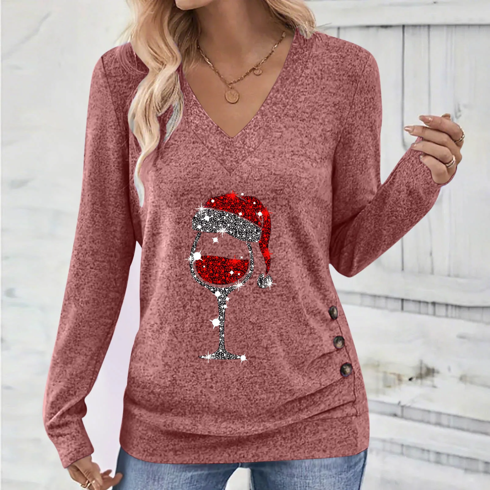 Casual Plain V Neck Long Sleeve T-shirt