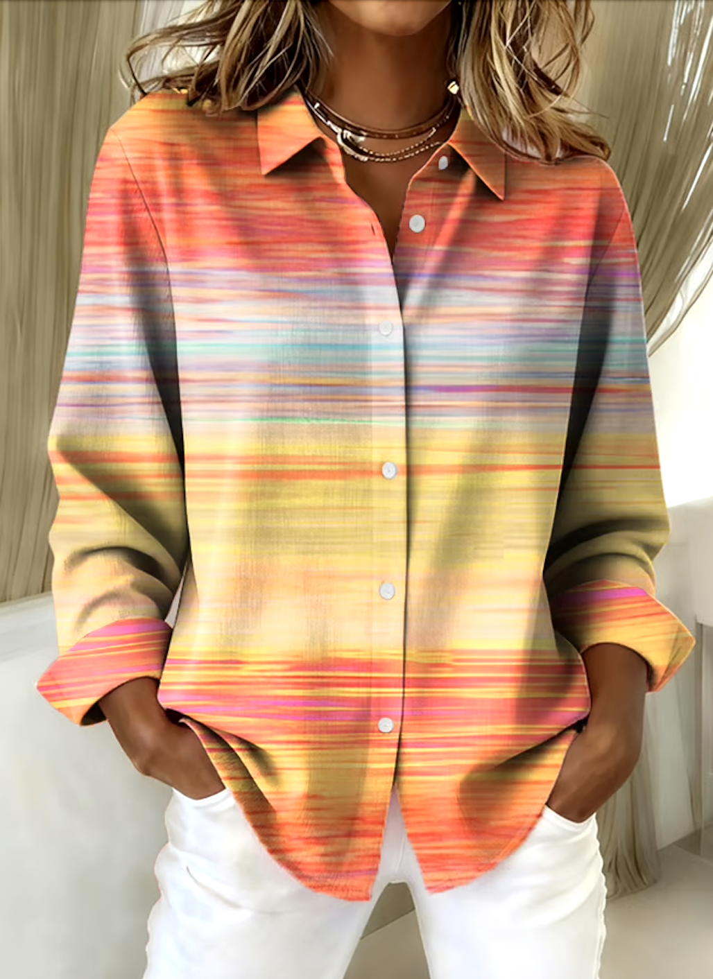 V Neck Long Sleeve Ombre Regular Micro-Elasticity Regular Fit Shirt For Women