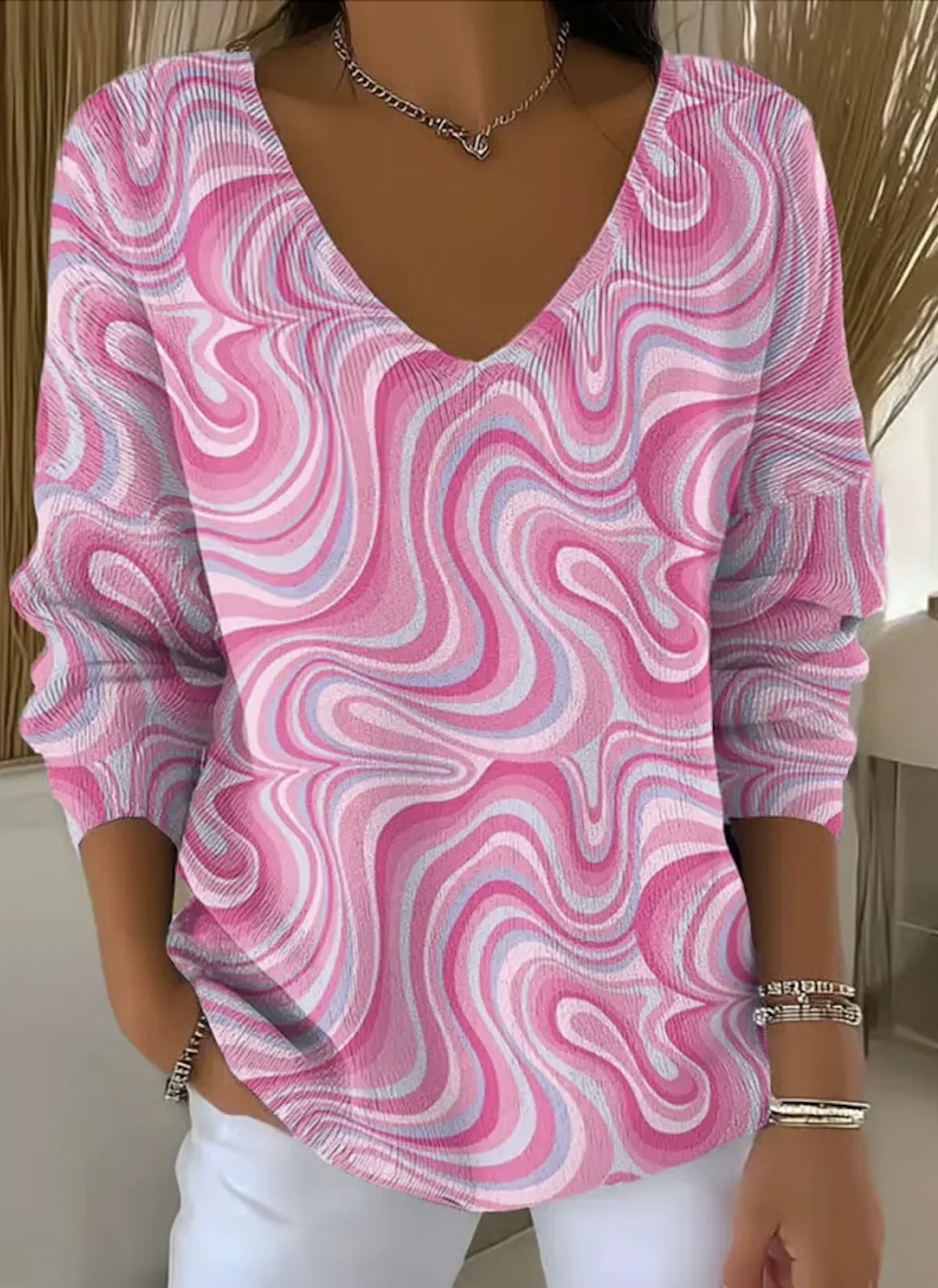 Women Cotton Geometric Long Sleeve Comfy Casual Sweater