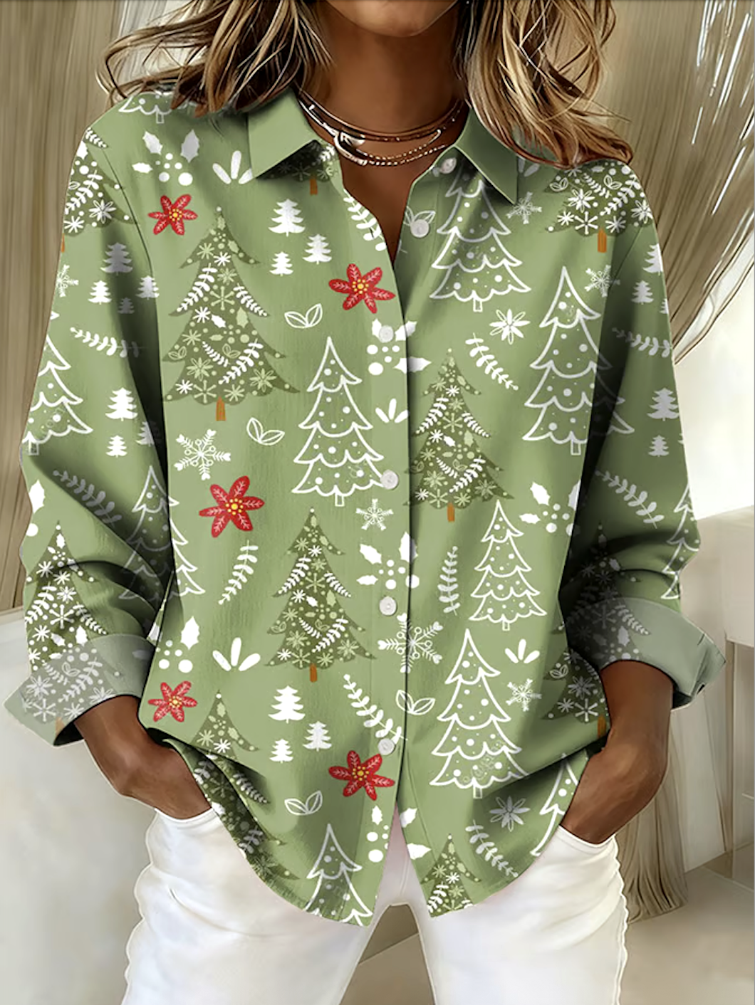 V Neck Long Sleeve Christmas Regular Micro-Elasticity Regular Fit Shirt For Women