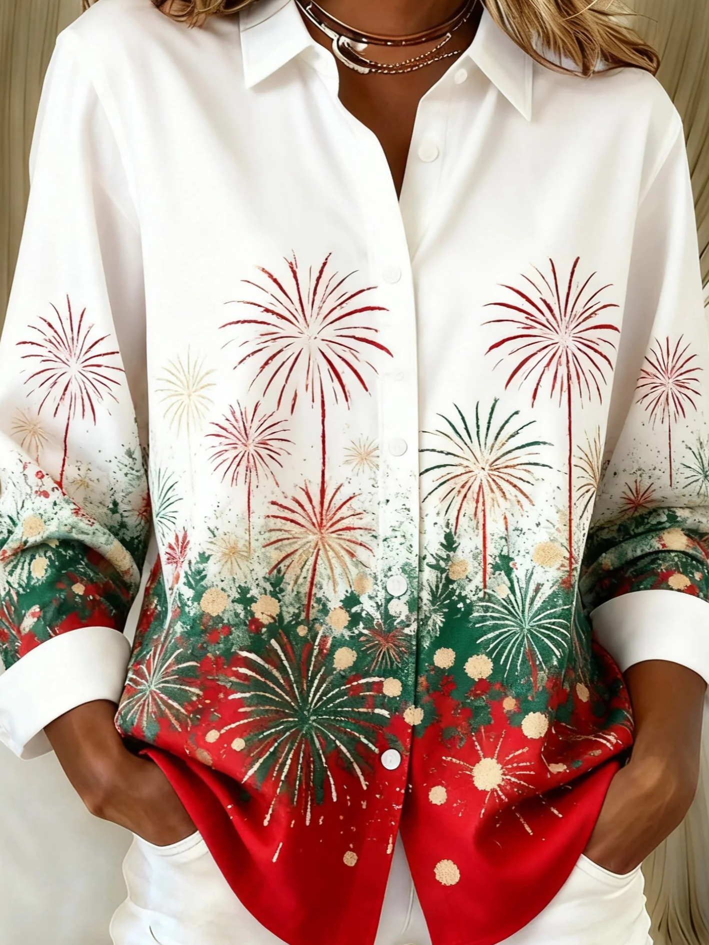 Shawl Collar Long Sleeve Gradient Pattern Regular Loose Shirt For Women