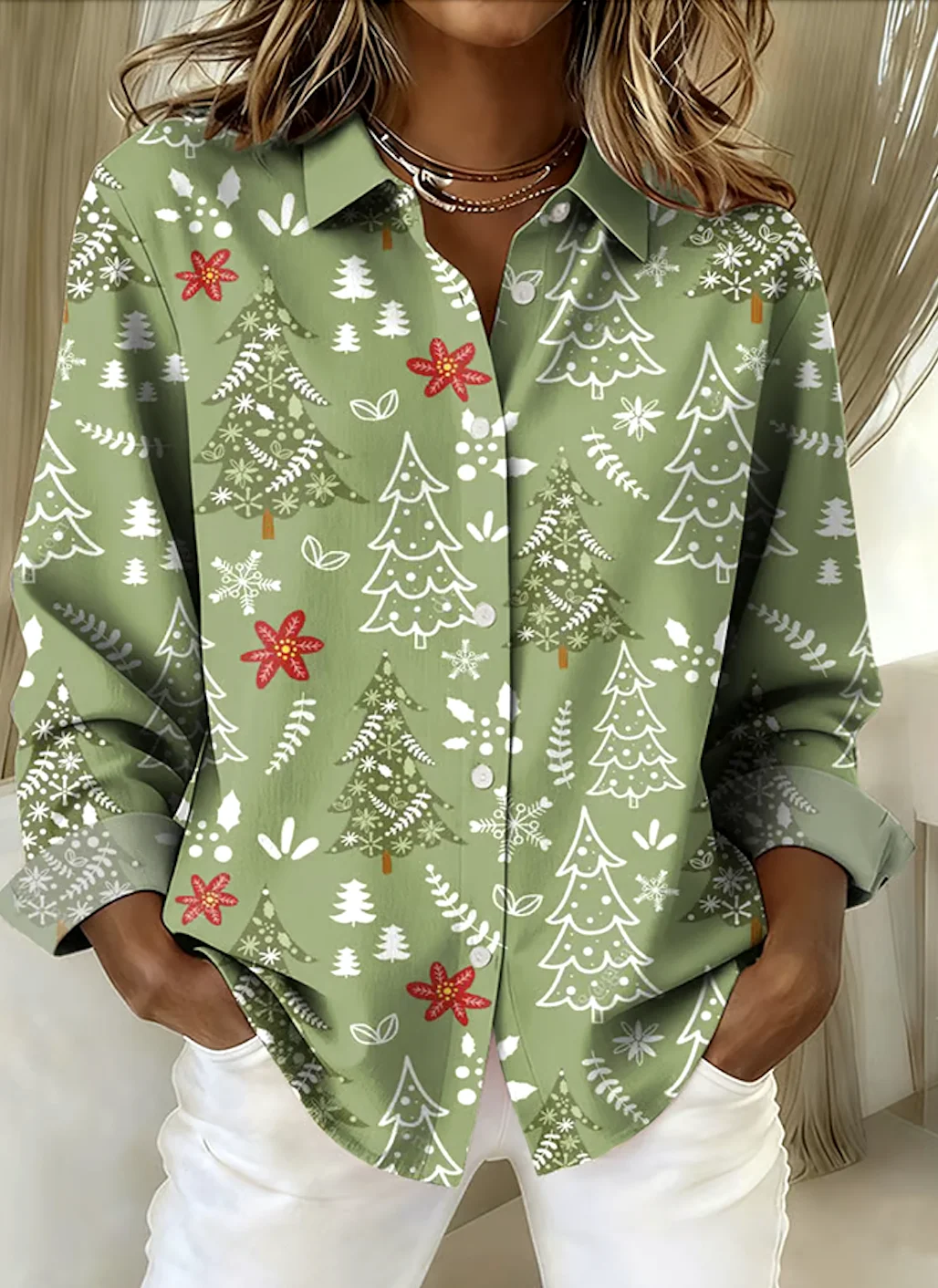 V Neck Long Sleeve Christmas Regular Micro-Elasticity Regular Fit Shirt For Women