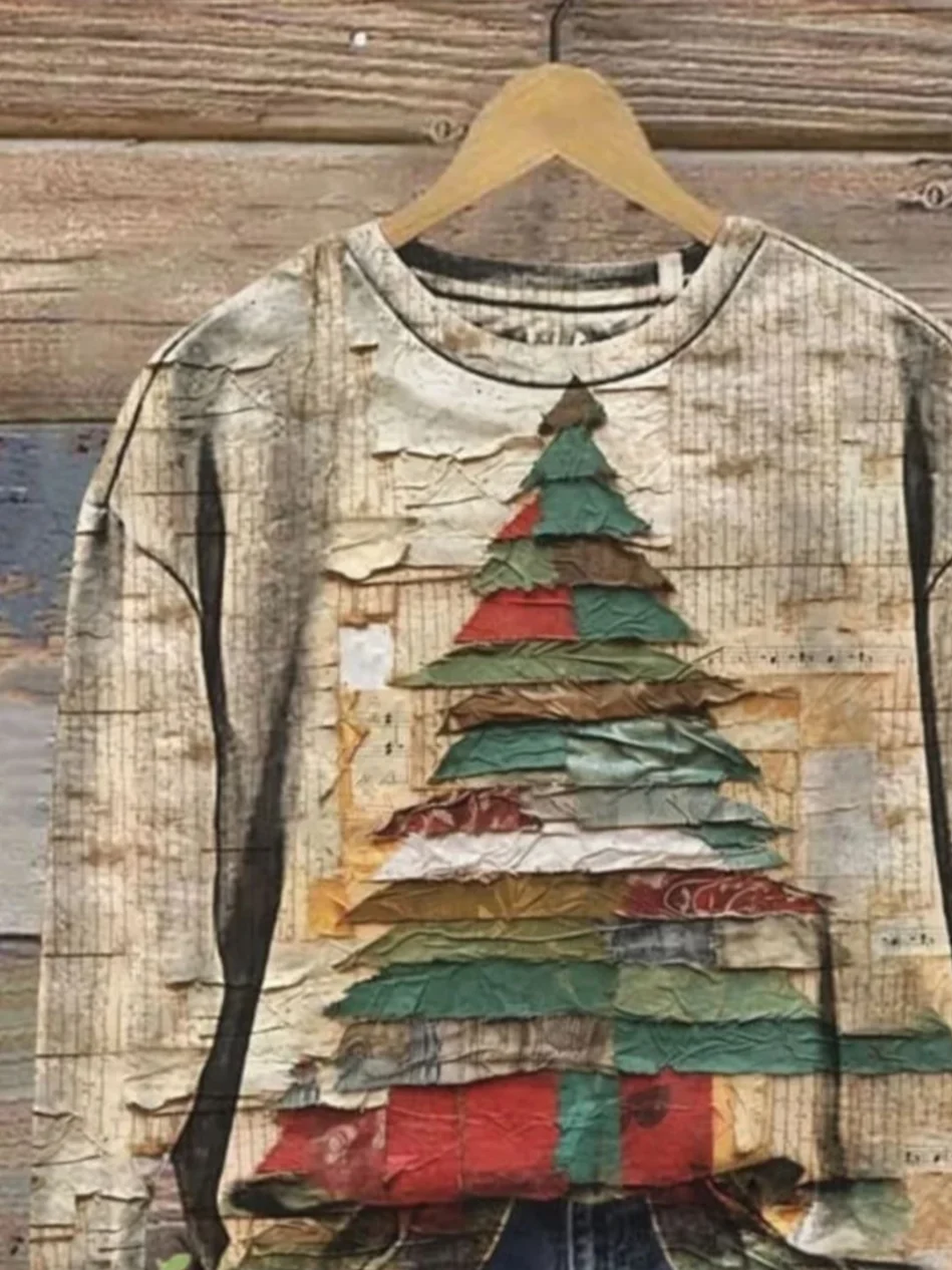 Casual Crew Neck Christmas Sweatshirt Printing