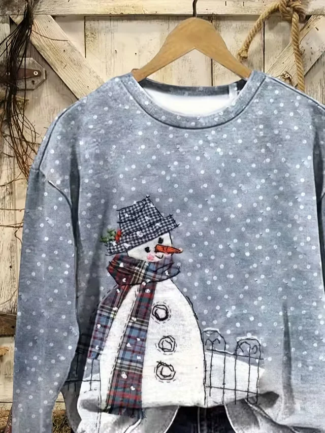 Casual Crew Neck Christmas Snowman Sweatshirt Printing