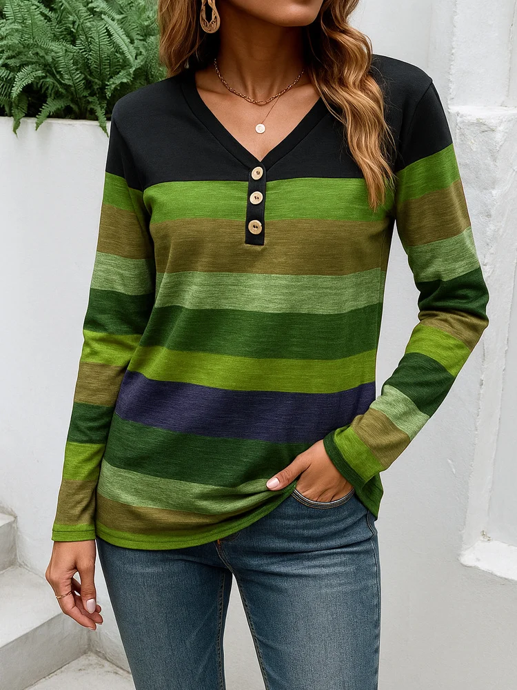 Casual Striped V Neck Long Sleeve T-shirt