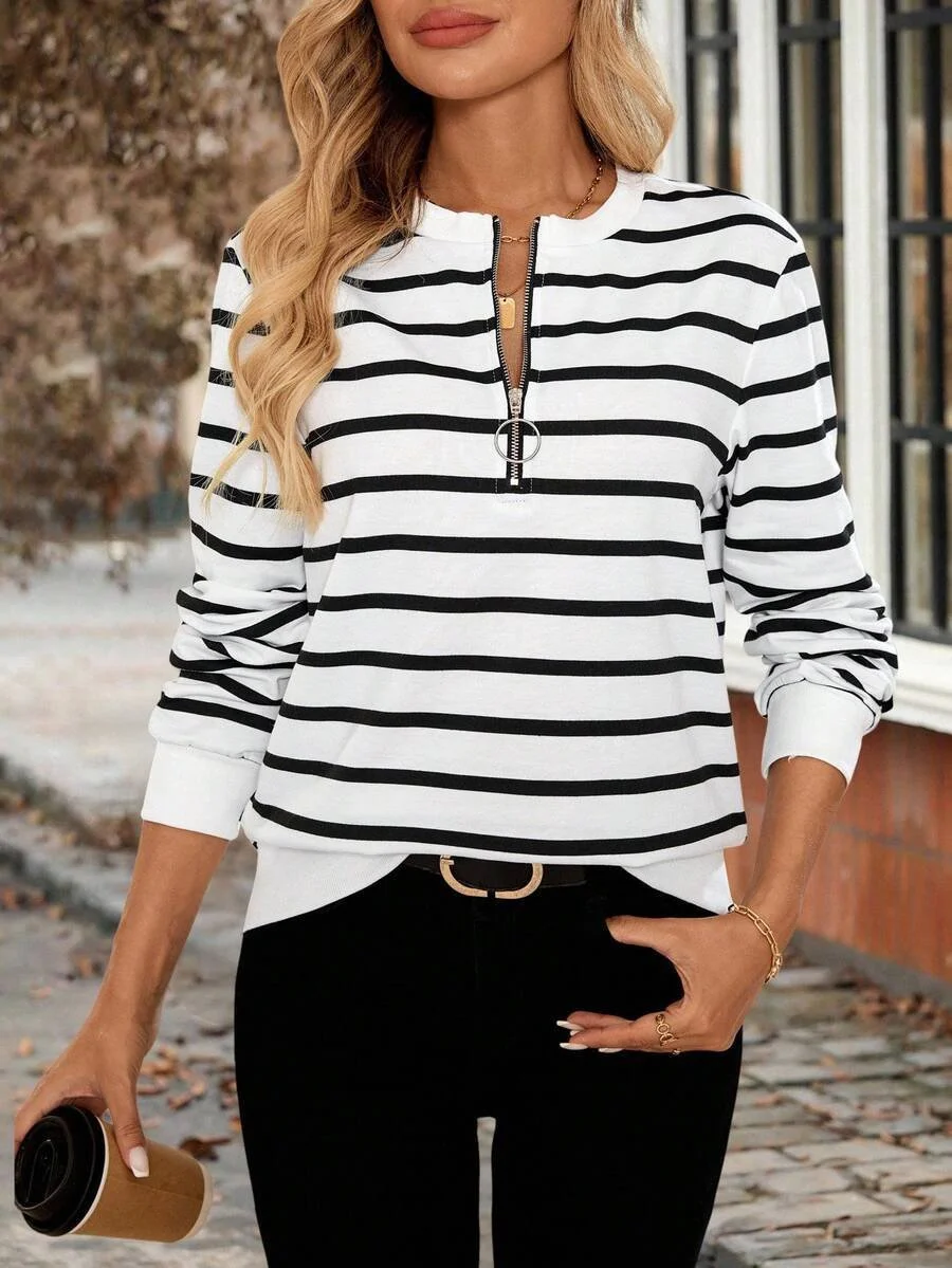 Casual Stand Collar Striped Sweatshirt