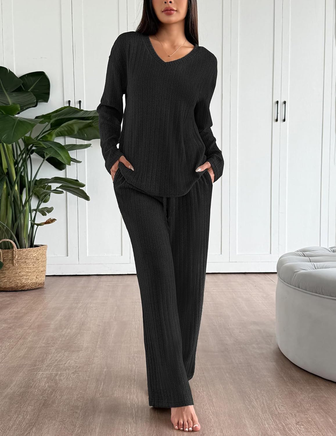 Women Plain Two-Piece Set Daily Long Sleeve Casual Spring/Fall Top With Pants Matching Set